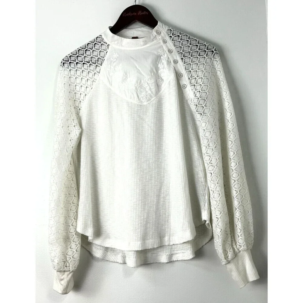 Free‎ People Sweetest Thing White Lace Thermal Top Sz S Boho Long Sleeve 1383R2
